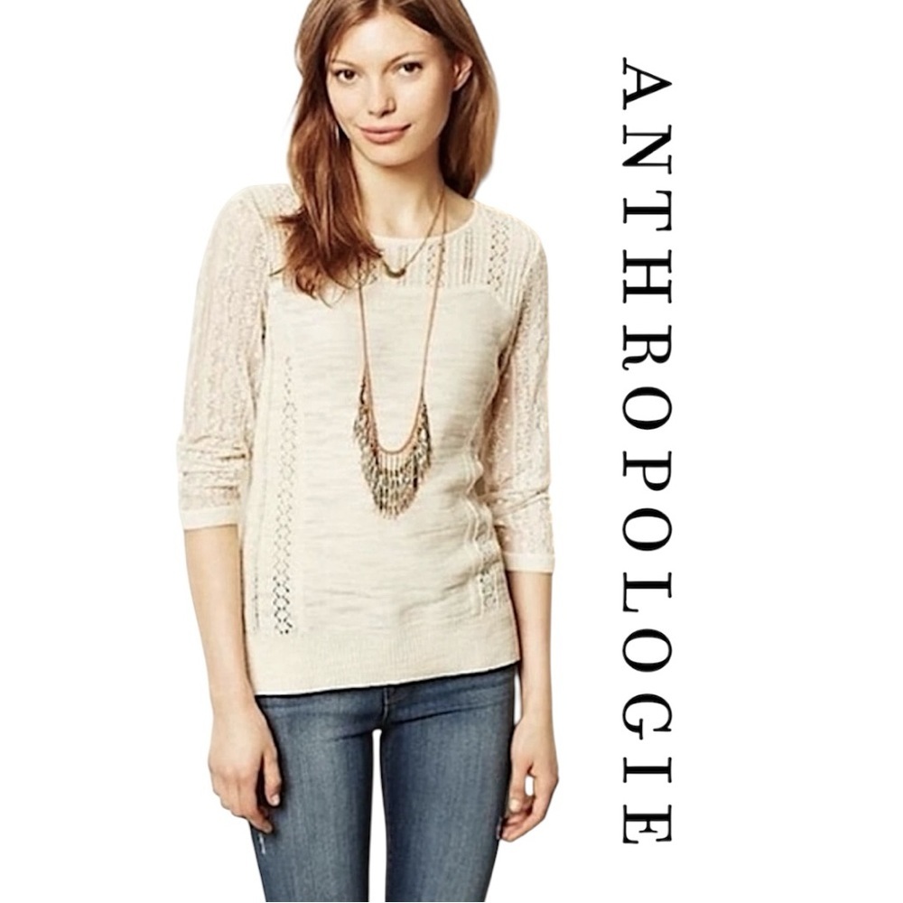 Knitted & Knotted Coquette Cream Lace Sleeve Sweater Texture Cotton Rear Zip SzM - Picture 16 of 16
